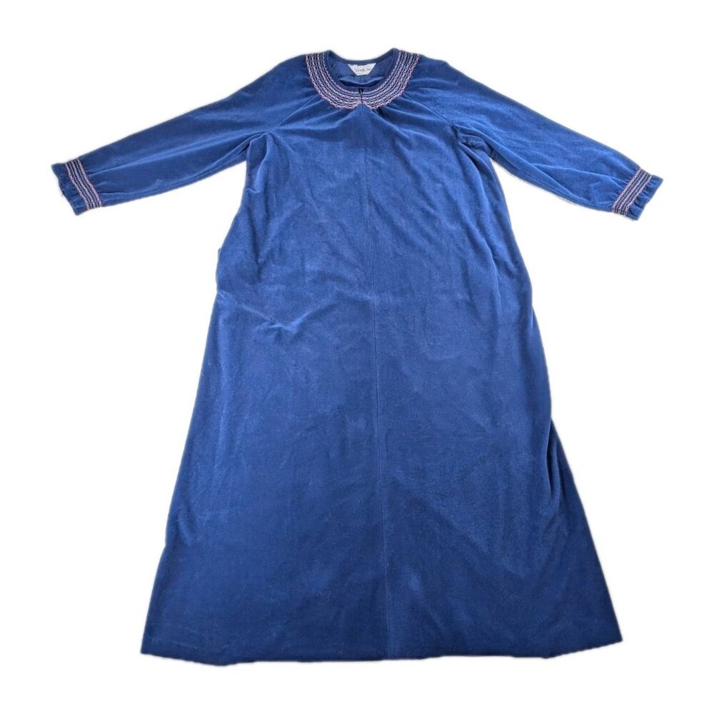 Vintage Vanity Fair Robe House Coat women's Large Long Sleeve blue embroidered